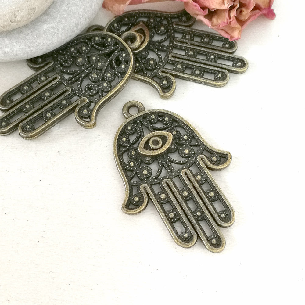 Hamsa charms, hamsa hand pendants. Two sided. Antique bronze 28X42mm CM0070B