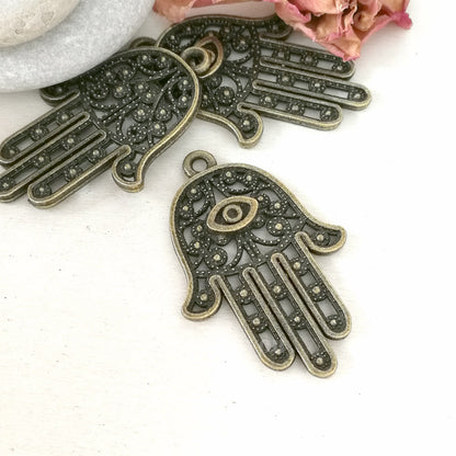 Hamsa charms, hamsa hand pendants. Two sided. Antique bronze 28X42mm CM0070B