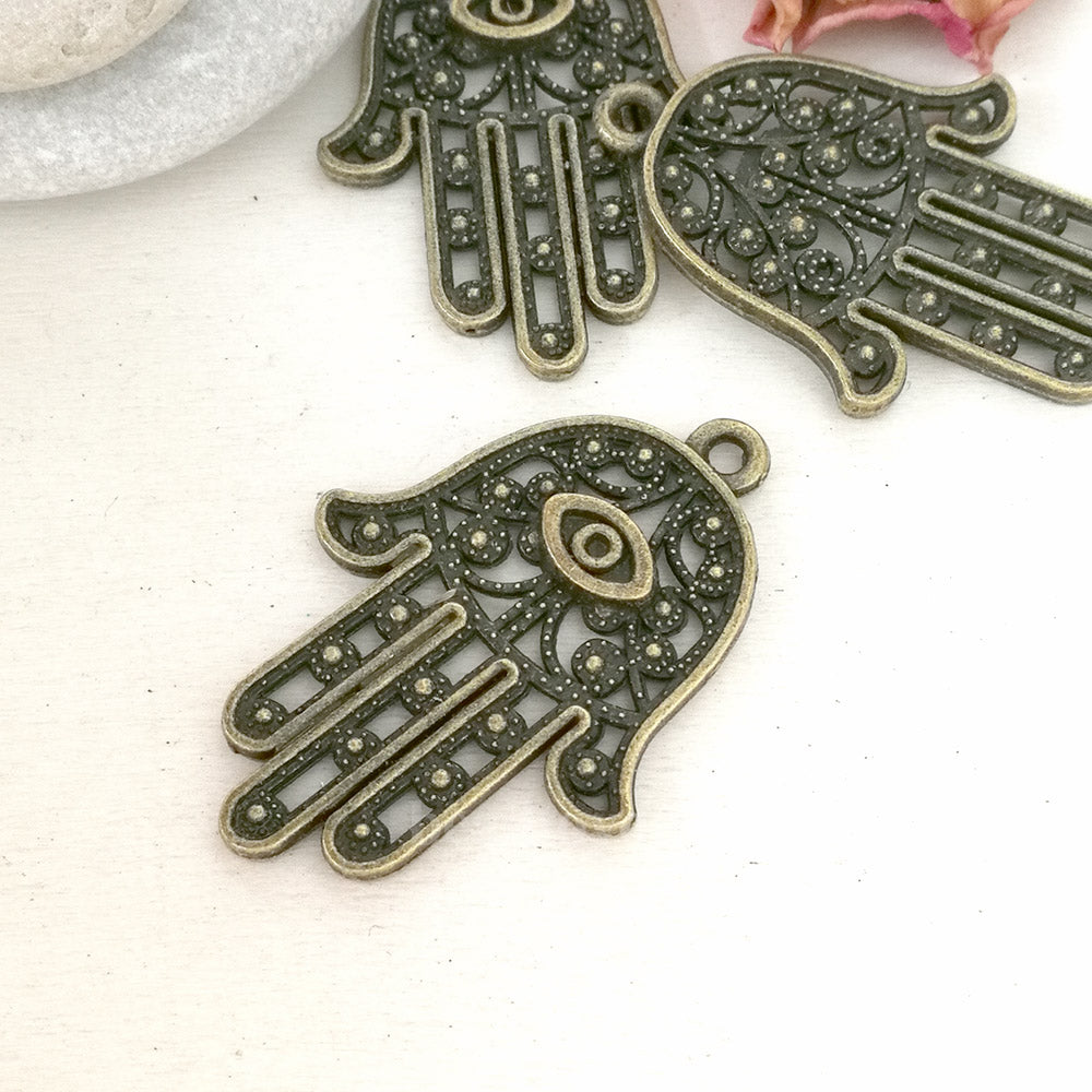 Hamsa charms, hamsa hand pendants. Two sided. Antique bronze 28X42mm CM0070B