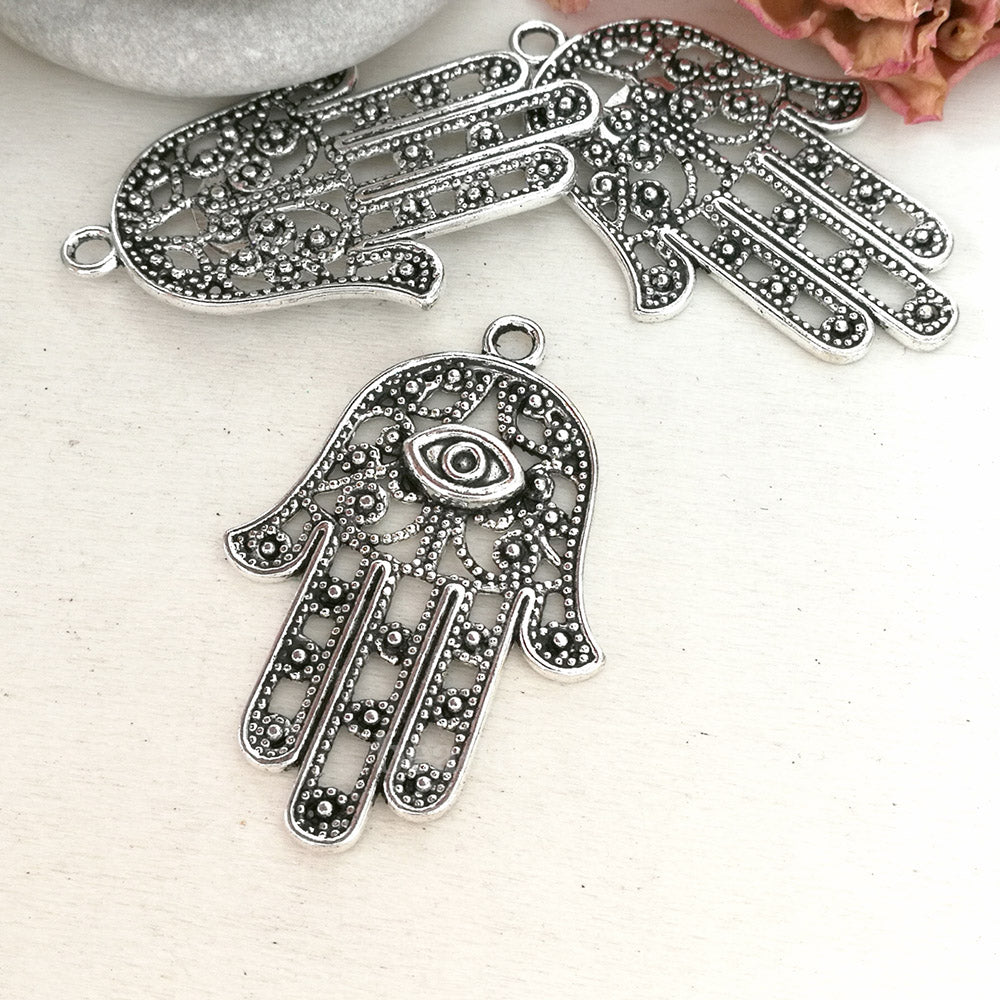 Hamsa charms, hamsa hand pendants. Two sided. Antique silver, 28X42mm CM0070S