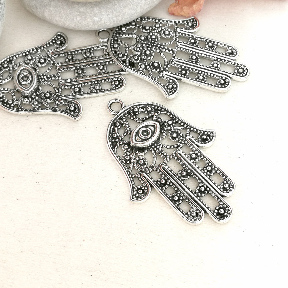 Hamsa charms, hamsa hand pendants. Two sided. Antique silver, 28X42mm CM0070S