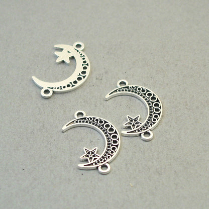 Moon star charm connectors, filigree crescent moon star link pendants. One sided. Antique silver 16X26mm CM1905S