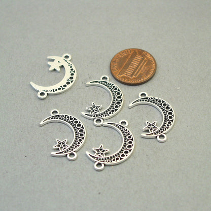 Moon star charm connectors, filigree crescent moon star link pendants. One sided. Antique silver 16X26mm CM1905S