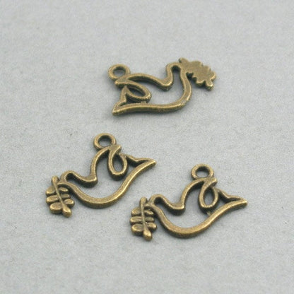 Dove charms, peace dove with olive branch pendants. One sided. Antique bronze 14X19mm CM0028B