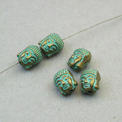 Buddha head, Buddha face 3D pendant beads. Two sided. Green bronze 9X11mm BD0093BR