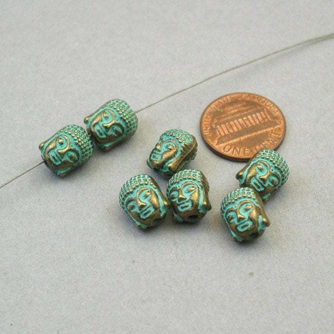 Buddha head, Buddha face 3D pendant beads. Two sided. Green bronze 9X11mm BD0093BR