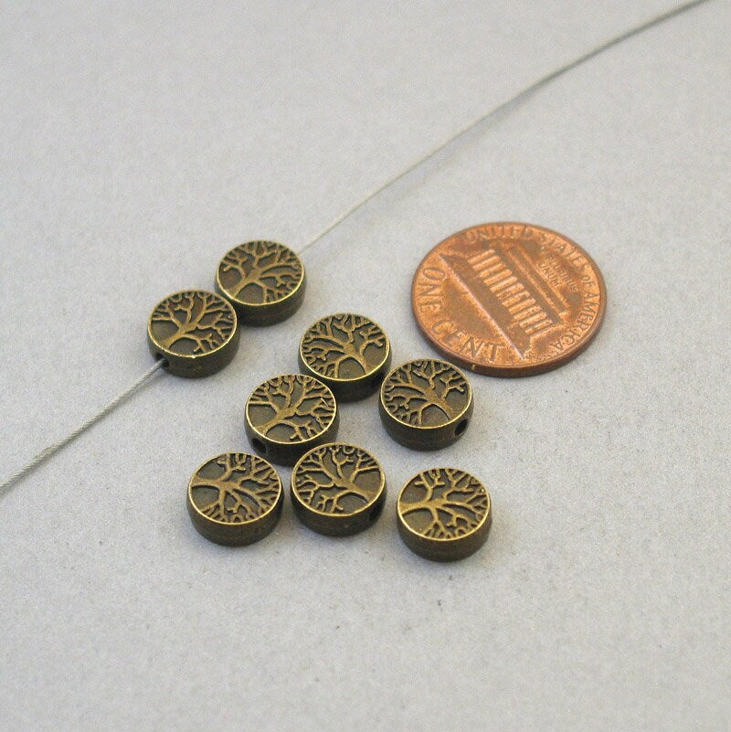 Tree beads, small tree of life coin beads. Two sided. Antique bronze 9mm BD0108B