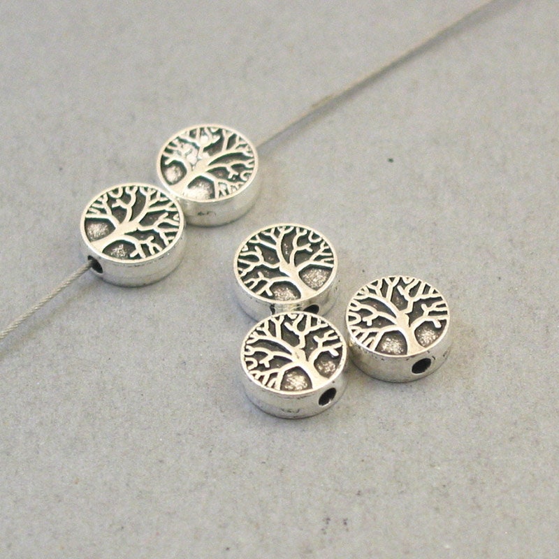 Tree beads, small tree of life coin beads. Two sided. Antique silver 9mm BD0108S