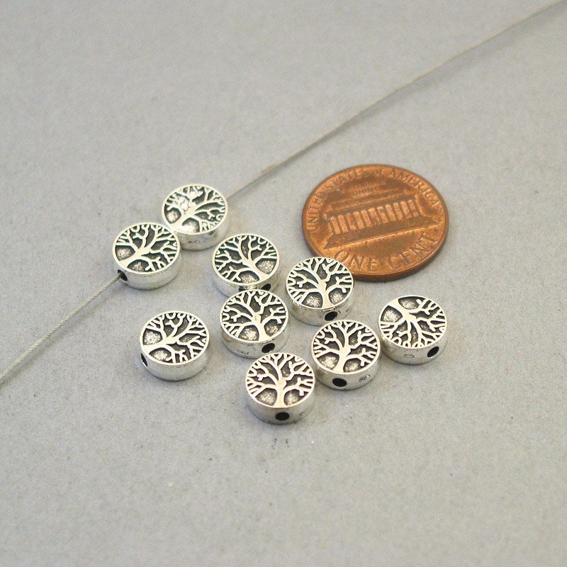 Tree beads, small tree of life coin beads. Two sided. Antique silver 9mm BD0108S