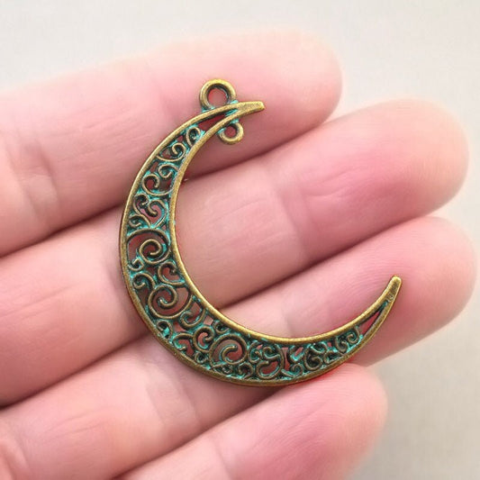 Moon charm connectors, filigree crescent moon link pendants. One sided. Green over antique bronze 31X40mm CM0741BR