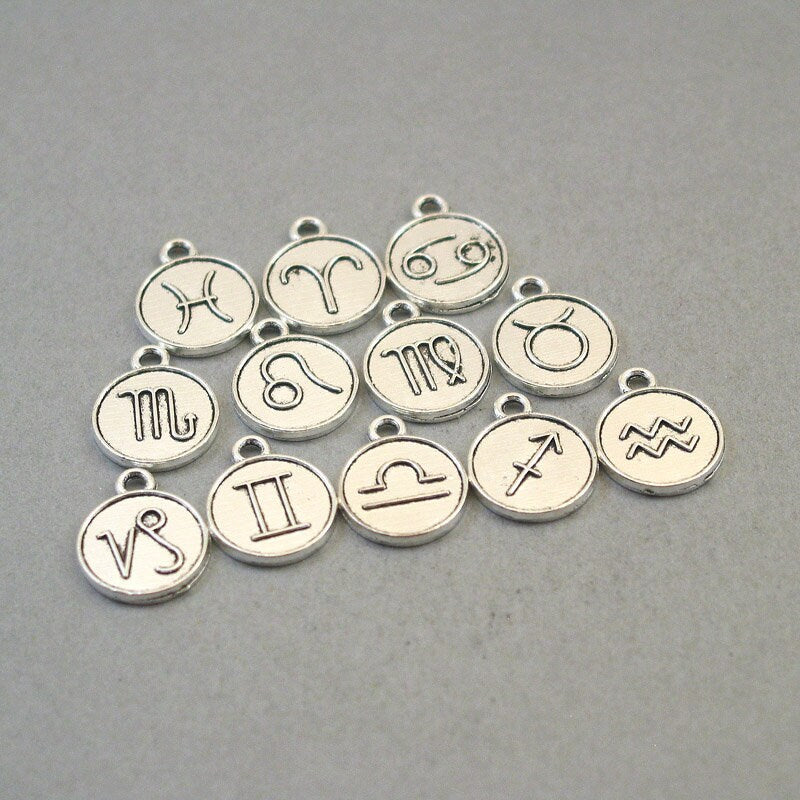 zodiac sign charms horoscope symbol birthday disc antique silver CM1613SA-L