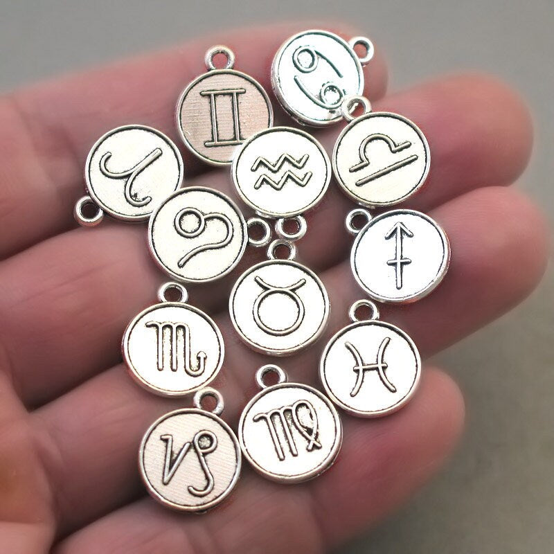 zodiac sign charms horoscope symbol birthday disc antique silver CM1613SA-L