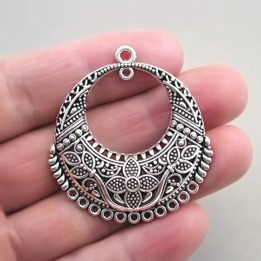 Bohemian crescent charm connectors, tribal flower drop antique silver CM1652S