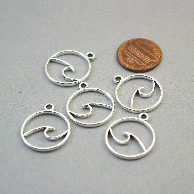 Wave charms, ocean wave pendants. Two sided. Antique silver 20X23mm CM1604S