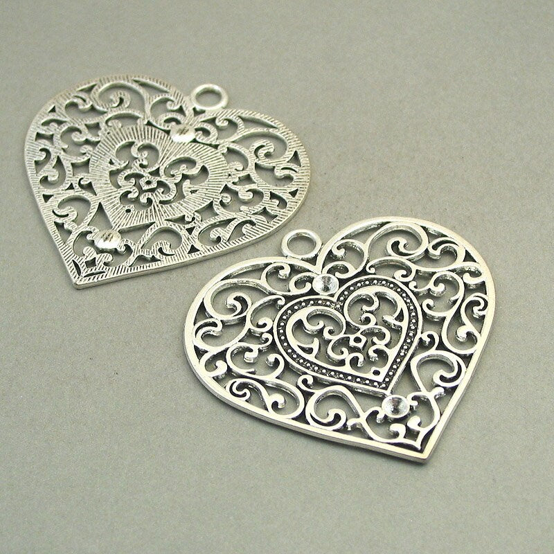 Heart charms, large filigree heart pendants. One sided. Antique silver 55X56mm CM1757S