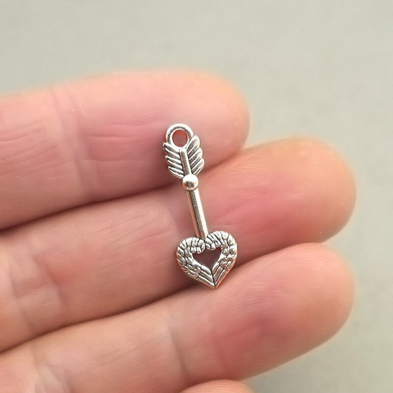 angel wing heart arrow charm antique silver CM1755S