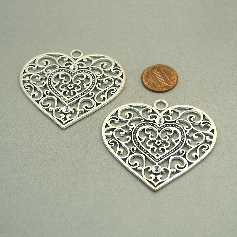 Heart charms, large filigree heart pendants. One sided. Antique silver 55X56mm CM1757S