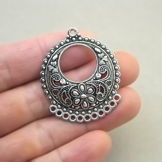 Bohemian crescent charm connectors tribal flower drop filigree link antique silver CM1773S