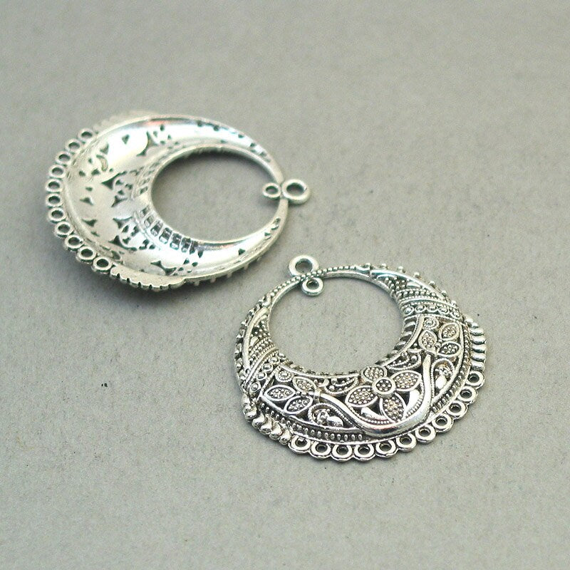 Bohemian crescent charm connectors, tribal flower drop filigree link antique silver CM1769S