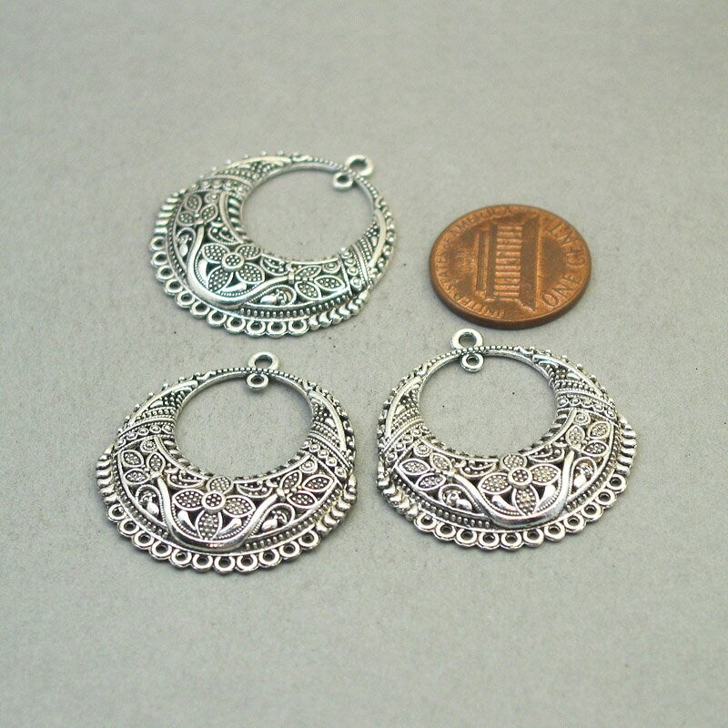 Bohemian crescent charm connectors, tribal flower drop filigree link antique silver CM1769S