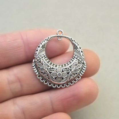 Bohemian crescent charm connectors, tribal flower drop filigree link antique silver CM1769S