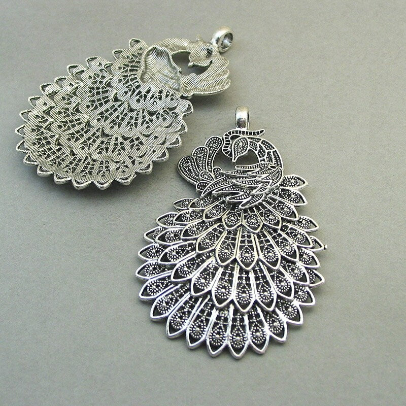 large filigree peacock phoenix charm antique silver CM1822S