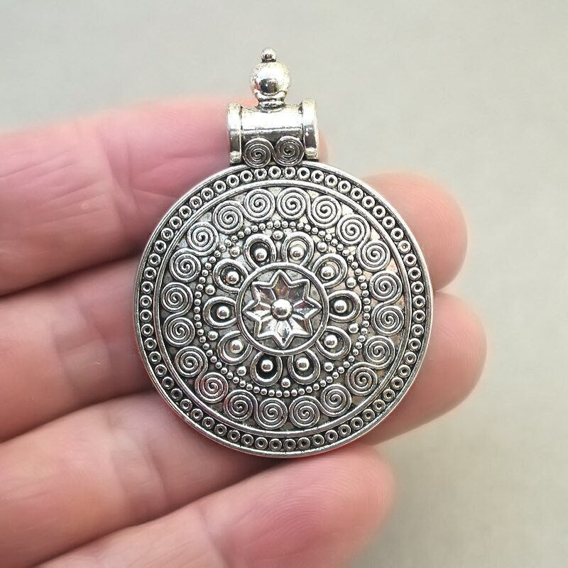 tribal flower disc Bohemian disc charm antique silver CM1825S