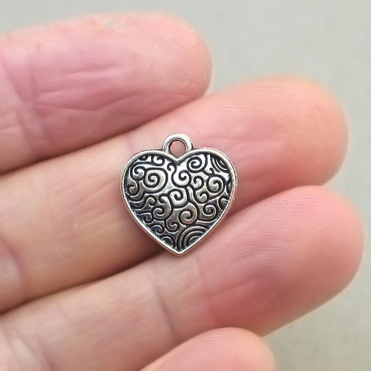 heart charms with swirl decoration antique silver CM1831S