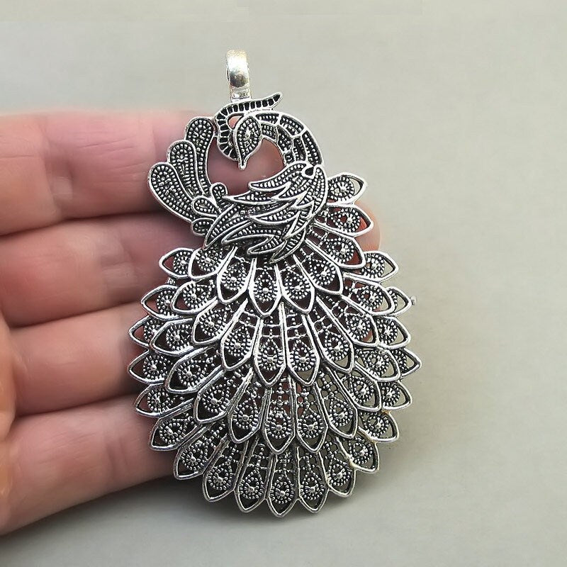 large filigree peacock phoenix charm antique silver CM1822S