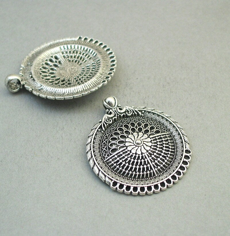 tribal flower disc Bohemian filigree disc charm antique silver CM1824S