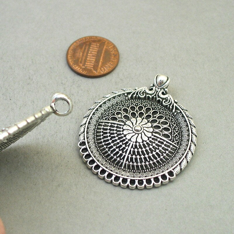 tribal flower disc Bohemian filigree disc charm antique silver CM1824S