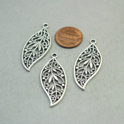 Leaf charms, filigree leaf pendants. Two sided. Antique silver 18X43mm CM1850S