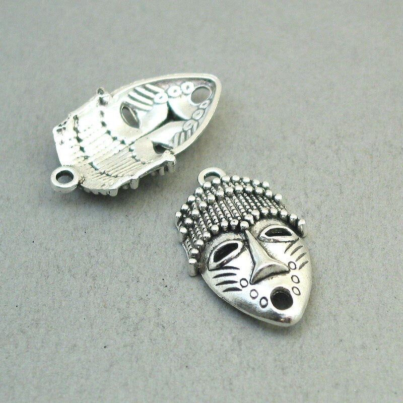 Mask charms, African tribal mask pendants. One sided. Antique silver 20X33mm CM1845S