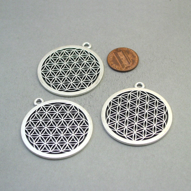 Flower of life charms, seed of life pendants. Two sided. Antique silver 40X44mm CM1846S