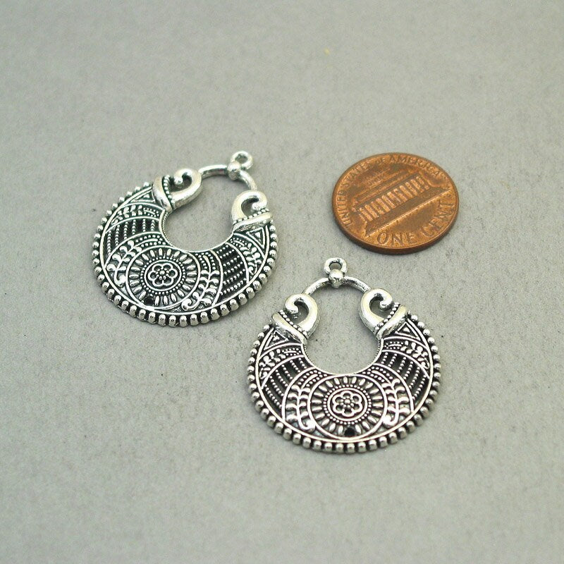 Bohemian crescent charm connectors, tribal flower drop filigree link pendants. One sided. Antique silver 28X35mm CM1861S