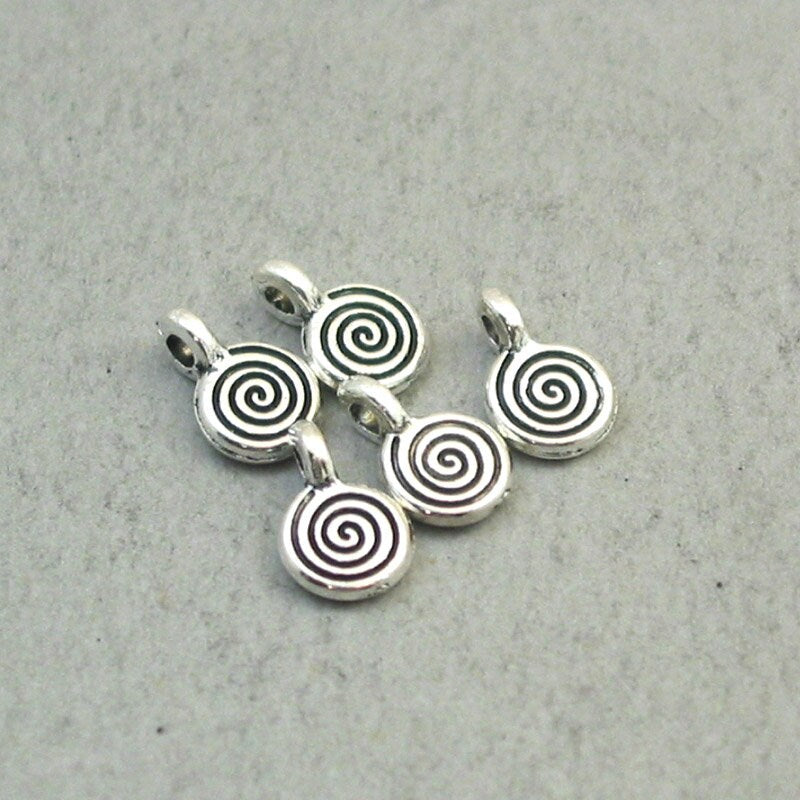 Swirl charms, small spiral disc pendans. Two sided. Antique silver 7X10mm CM1872S