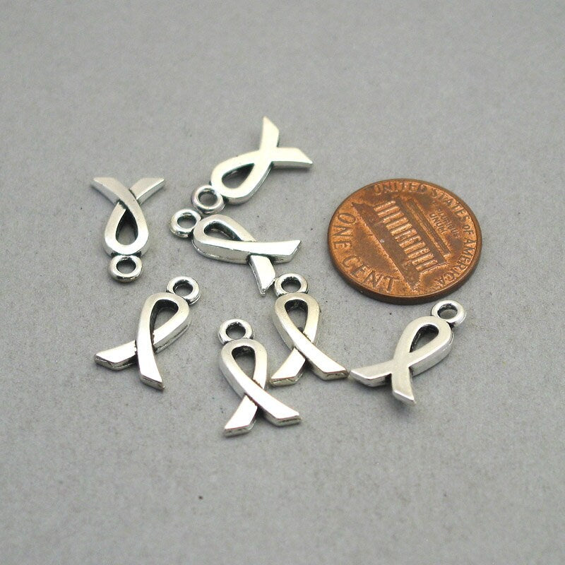 Breast cancer charms, awareness ribbon pendants. One sided (flat back). Antique silver 9X16mm CM1885S