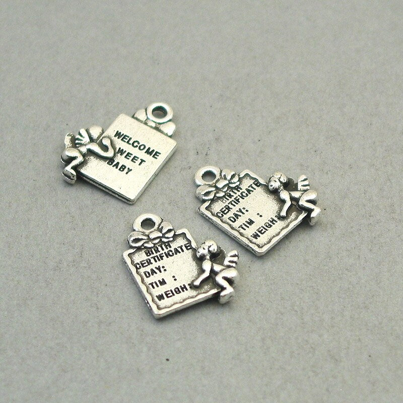 Birth certificate charms, baby birth certificate pendans. Two sided. Antique silver 15X20mm CM1892S