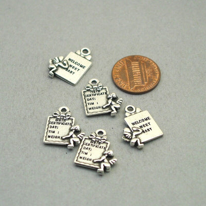 Birth certificate charms, baby birth certificate pendans. Two sided. Antique silver 15X20mm CM1892S