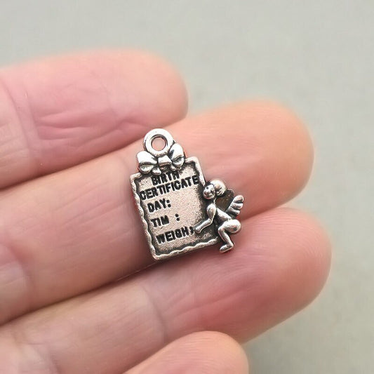 birth certificate charm antique silver CM1892S