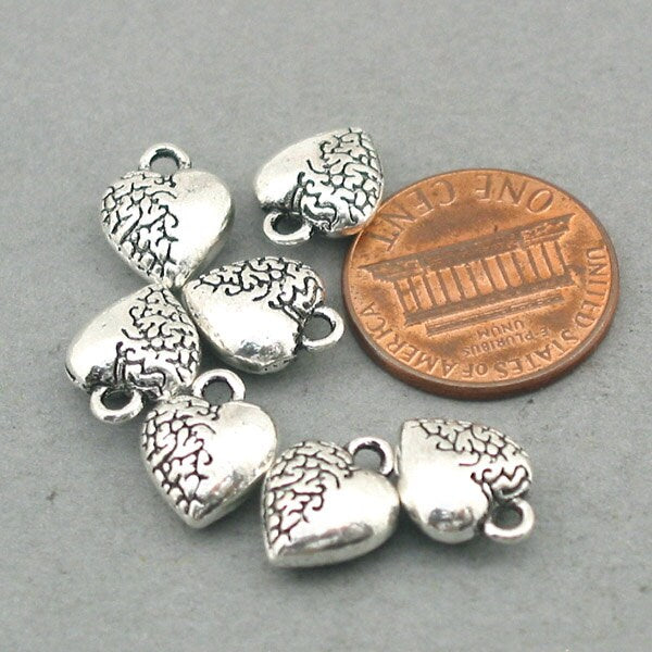 Heart charms, small textured heart pendants. Two sided. Antique silver 9X12mm CM0673S