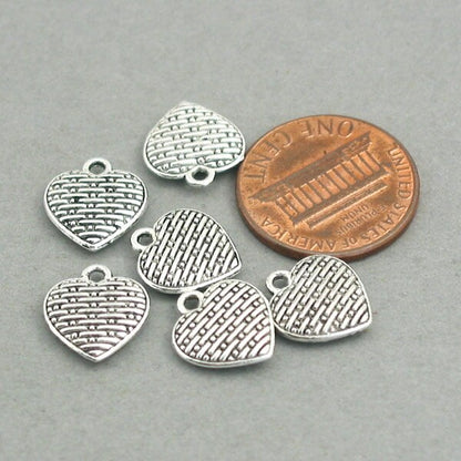 Heart charms, heart pendans with woven basket texture. Two sided. Antique silver 10X11mm CM0463S