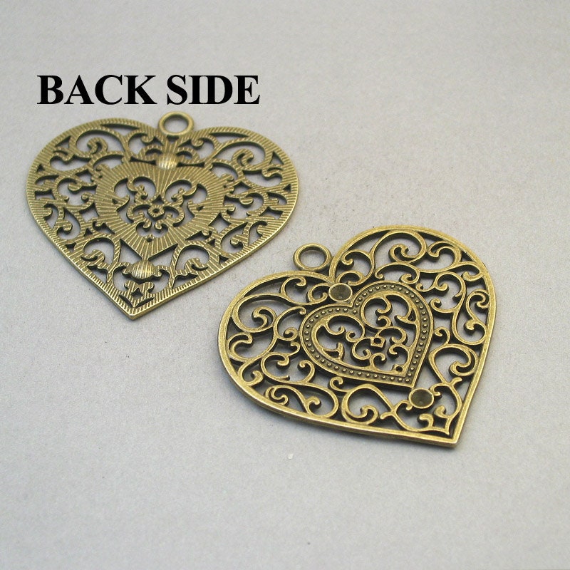 Heart charms, large filigree heart pendants. One sided. Antique bronze 55X56mm CM1757B