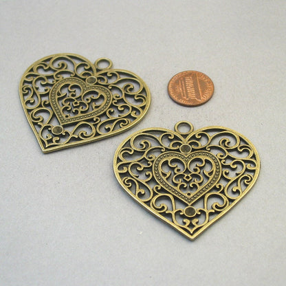 Heart charms, large filigree heart pendants. One sided. Antique bronze 55X56mm CM1757B