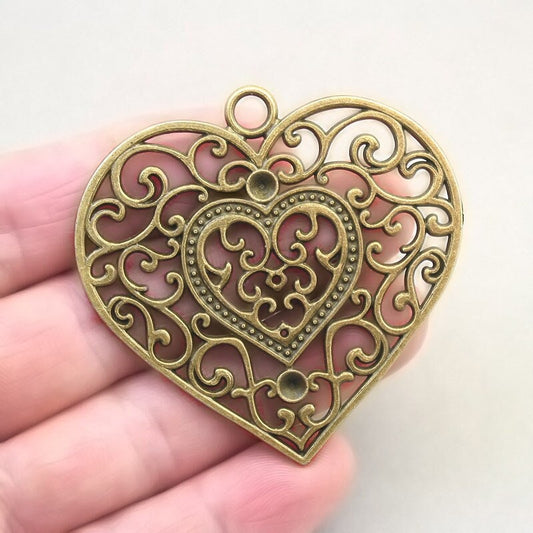 Heart charms, large filigree heart pendants. One sided. Antique bronze 55X56mm CM1757B